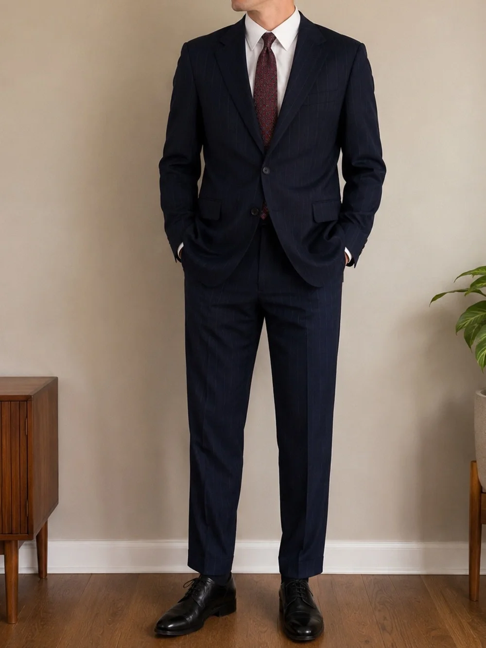 Calvin Klein Vintage Navy Pinstripe Wool Suit 42R 32x28 Two Button Business